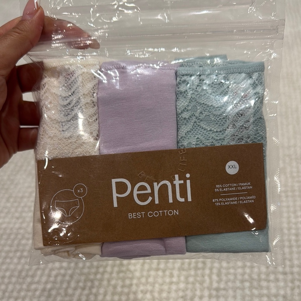 3 set XXL Women's Lace Trim Cotton Underwear - Cream, Purple, Blue